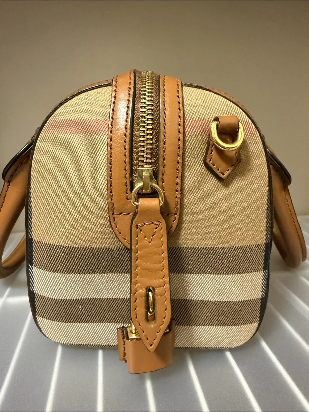 Burberry Alchester Tan Leather & Classic Check bowling bag